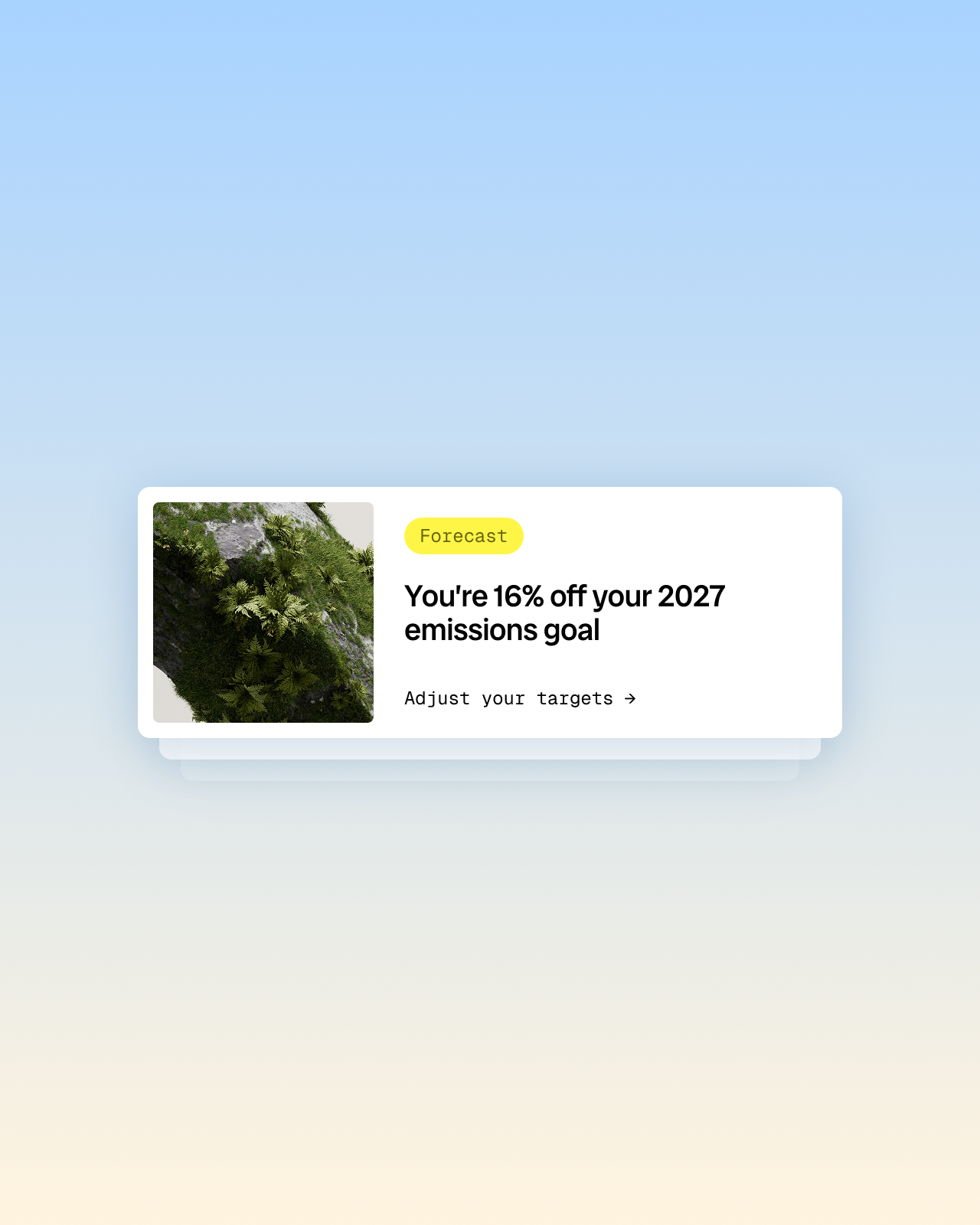 Abstracted user interface forecasting a 16% off target for 2027 emissions goal alongside an image of a mossy tree on top of a light blue gradient background